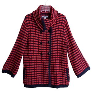 Beth Bowley Cardigan Sweater Red Blue Wool Cowl Neck Check Size Small